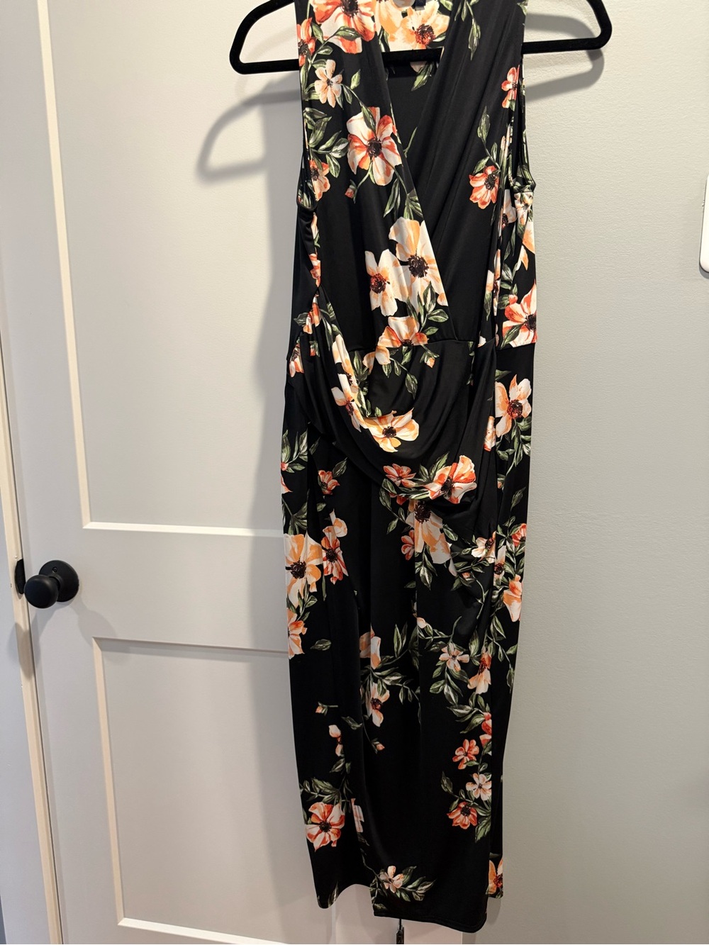 RACHEL Rachel Roy Black Floral Midi Dress with Orange and Cream Blooms